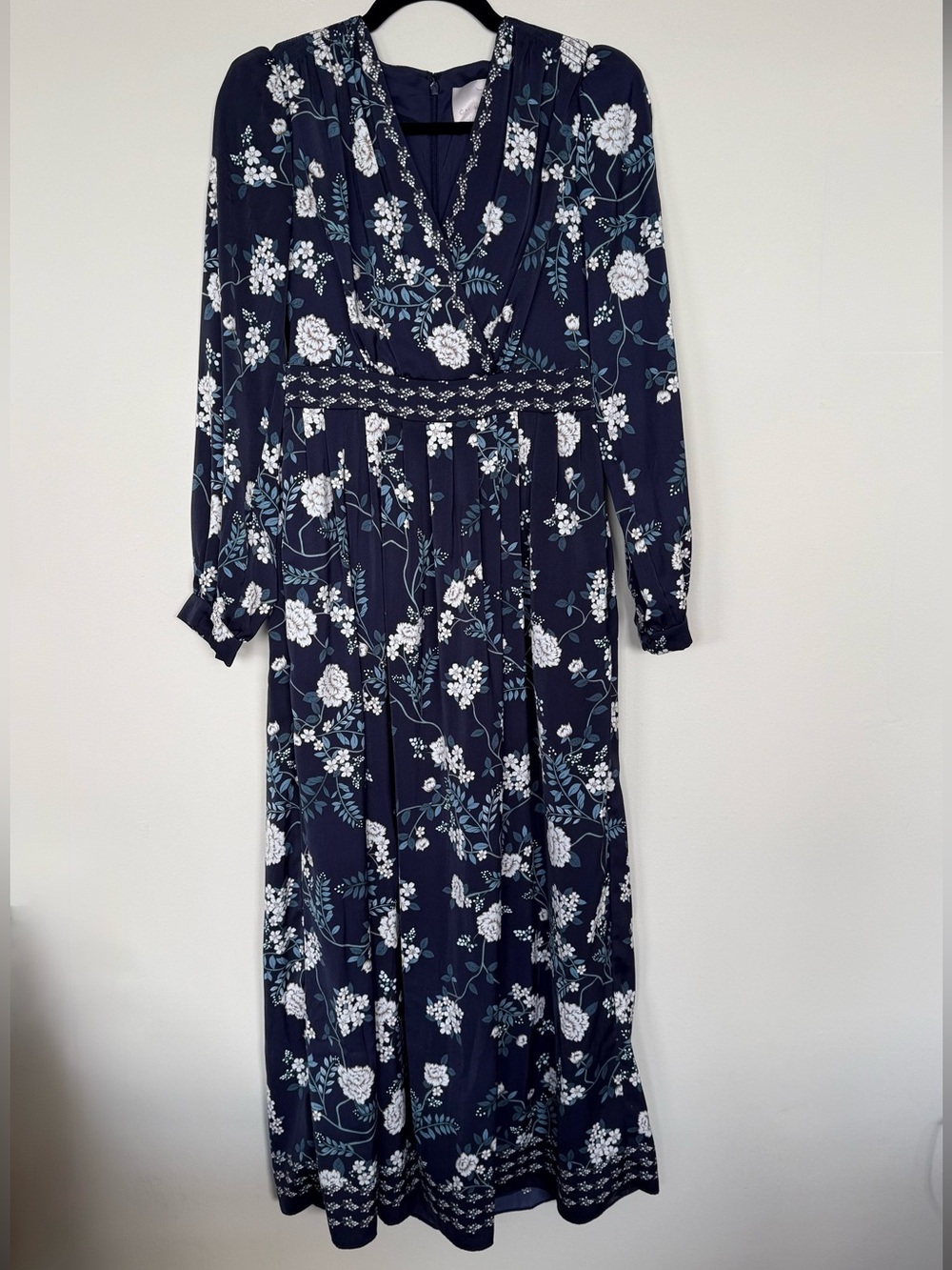 Gal Meets Glam Jade Navy Blue Floral Long Sleeve Maxi Dress Size 2